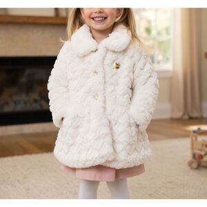 Juicy Couture White Cream Jacket Logo Plate Faux Fur Coat Collared Peplum Sz 18m